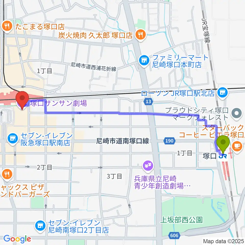 塚口駅から塚口サンサン劇場へのルートマップ地図
