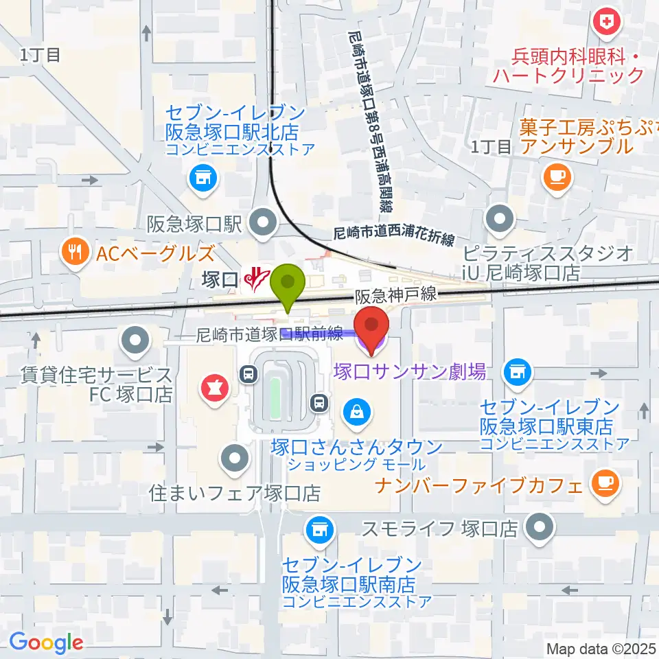 塚口サンサン劇場の最寄駅塚口駅からの徒歩ルート（約1分）地図