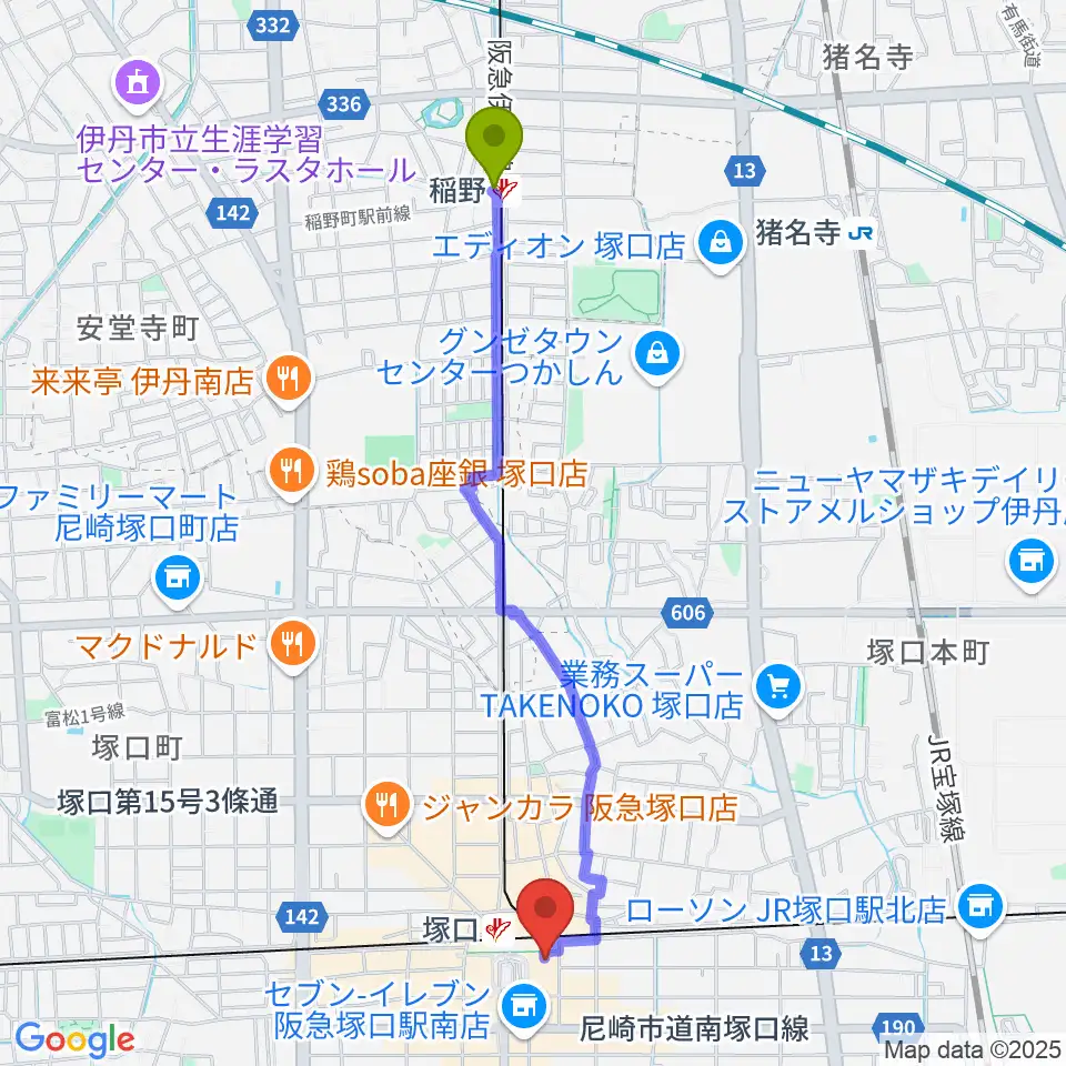 稲野駅から塚口サンサン劇場へのルートマップ地図