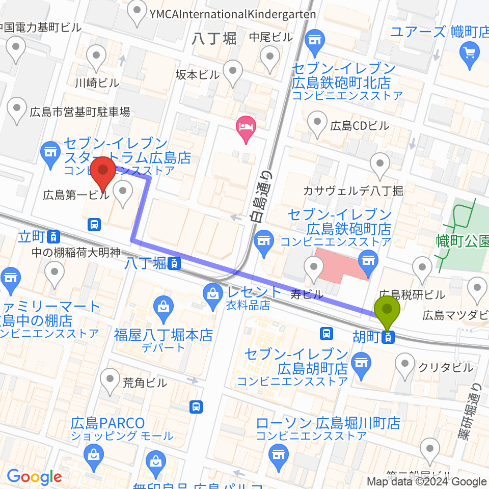 胡町駅からサロンシネマ1・2へのルートマップ地図