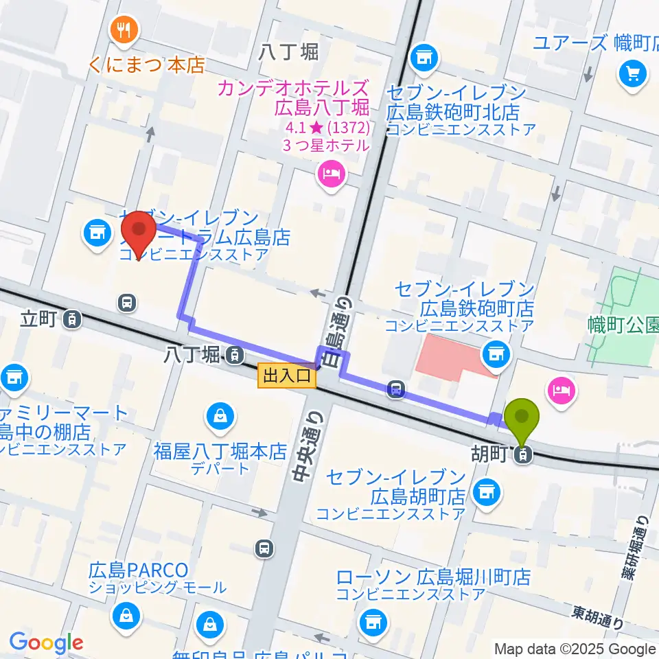 胡町駅からサロンシネマ1・2へのルートマップ地図