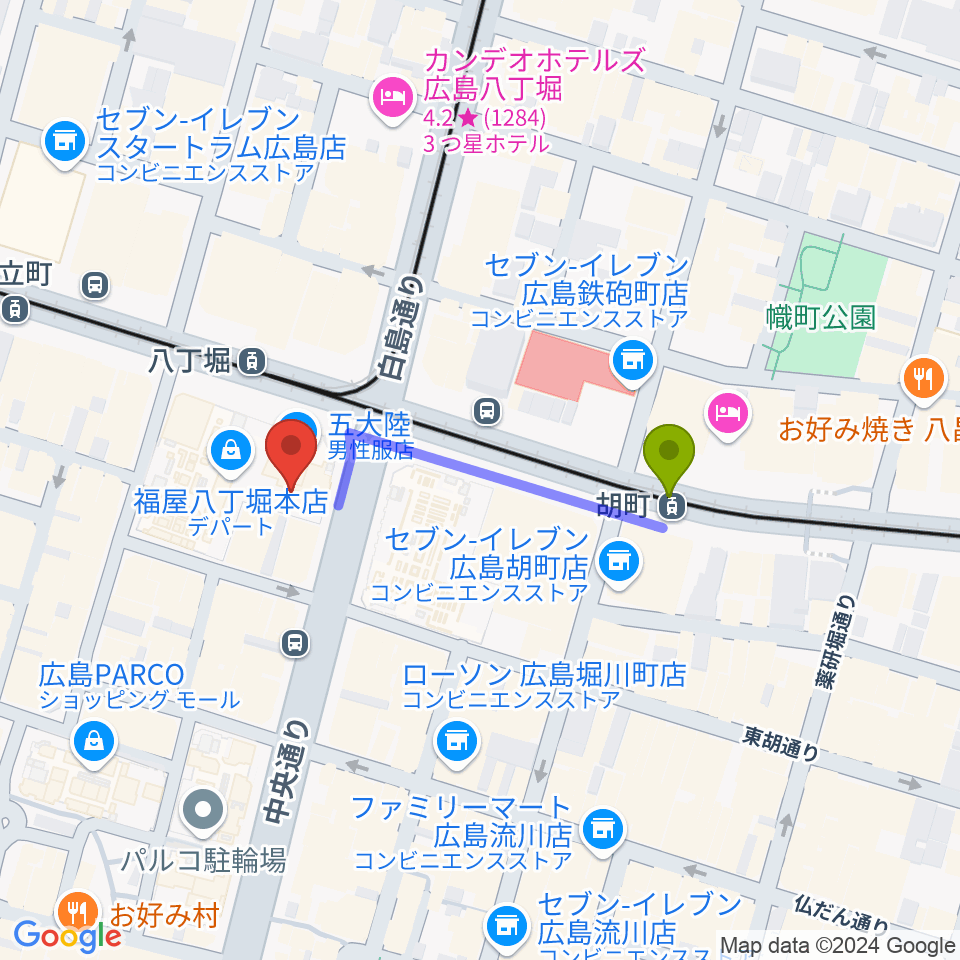 胡町駅から八丁座へのルートマップ地図