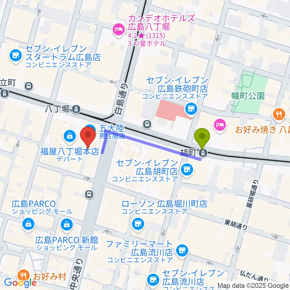 胡町駅から八丁座へのルートマップ地図