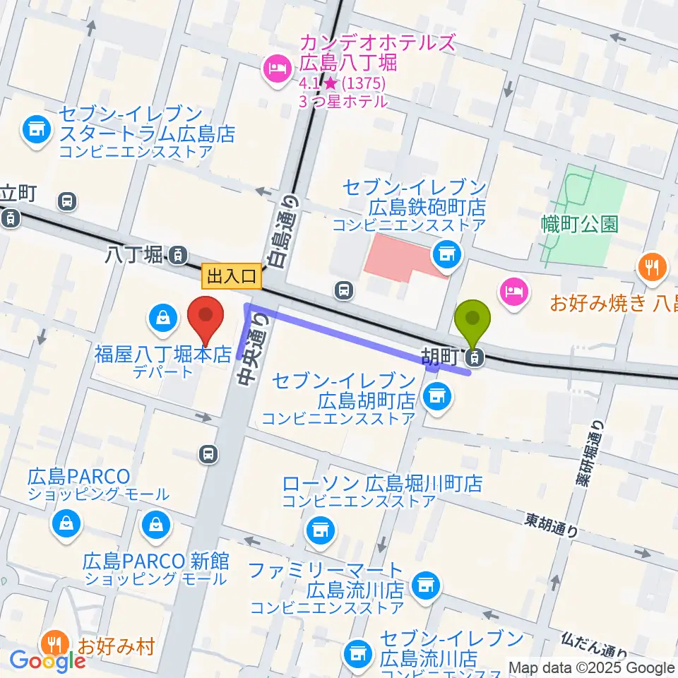 胡町駅から八丁座へのルートマップ地図