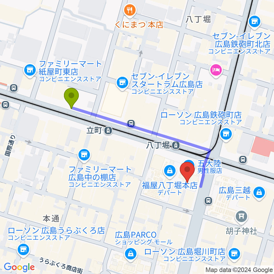 立町駅から八丁座へのルートマップ地図