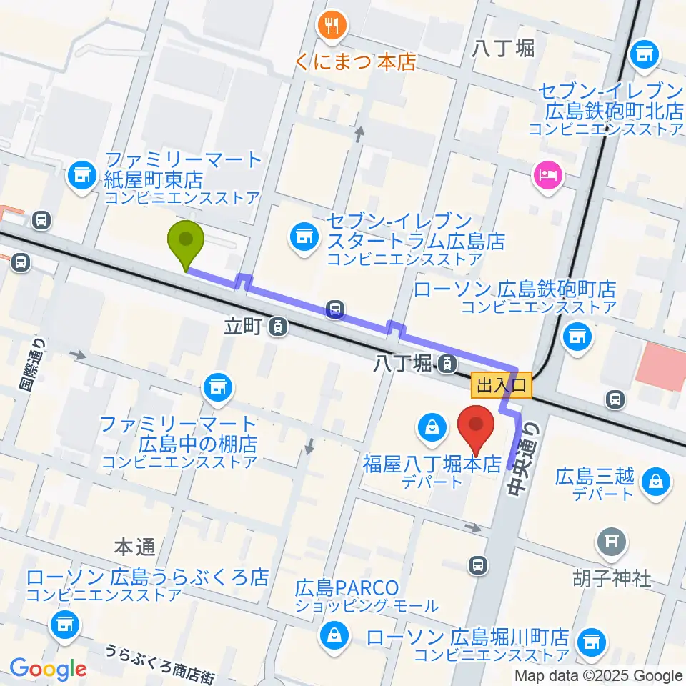 立町駅から八丁座へのルートマップ地図
