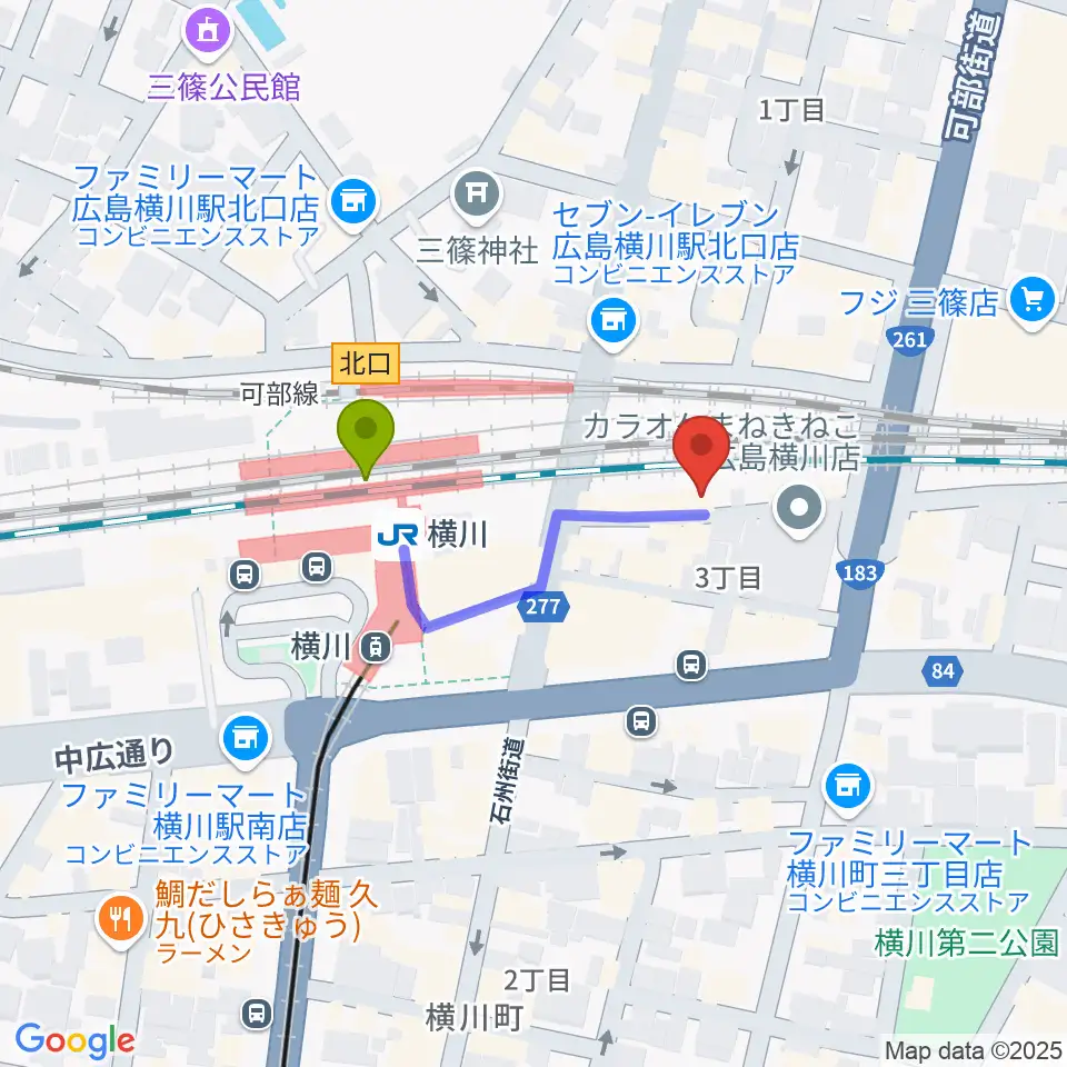 横川シネマの最寄駅横川駅からの徒歩ルート（約2分）地図