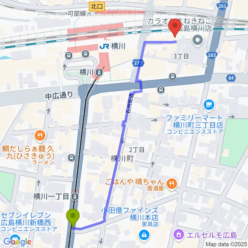 横川一丁目駅から横川シネマへのルートマップ地図