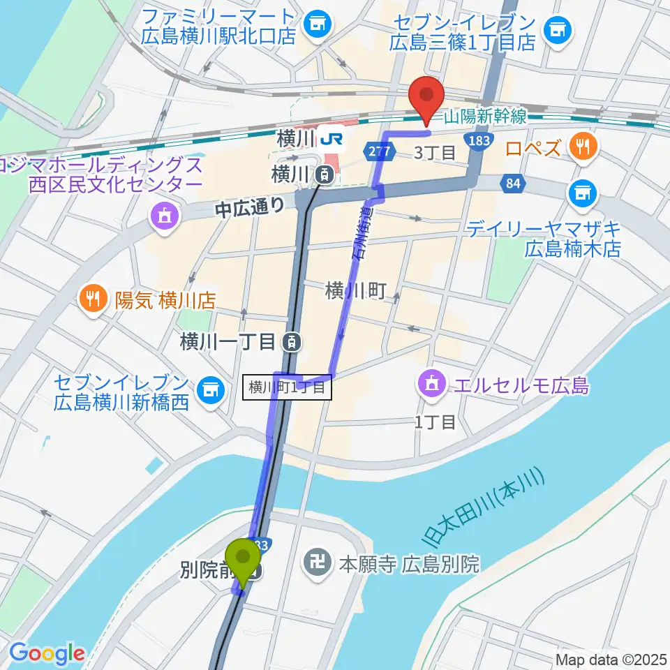 別院前駅から横川シネマへのルートマップ地図