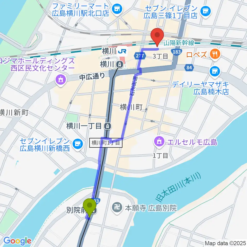 別院前駅から横川シネマへのルートマップ地図