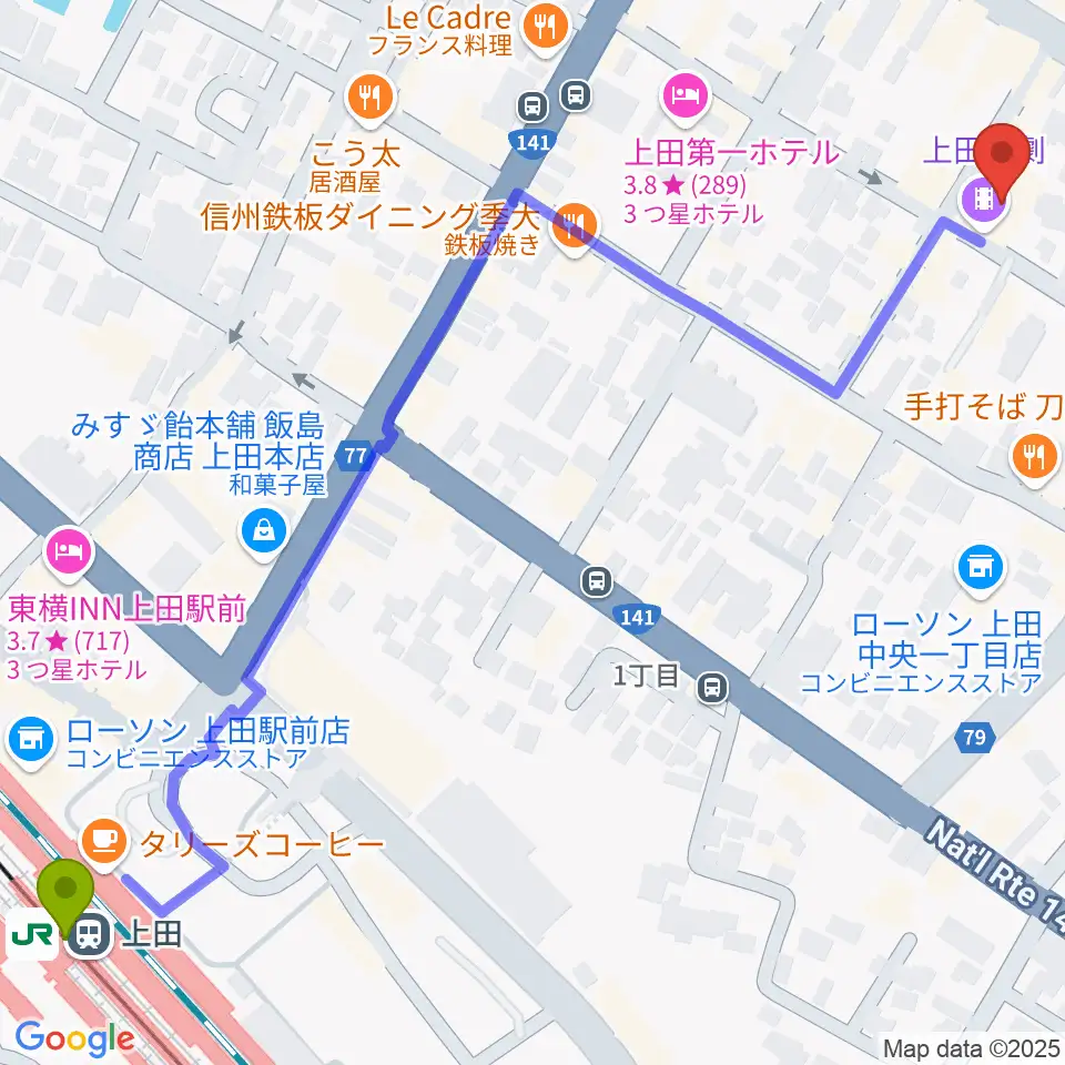 上田映劇の最寄駅上田駅からの徒歩ルート（約9分）地図