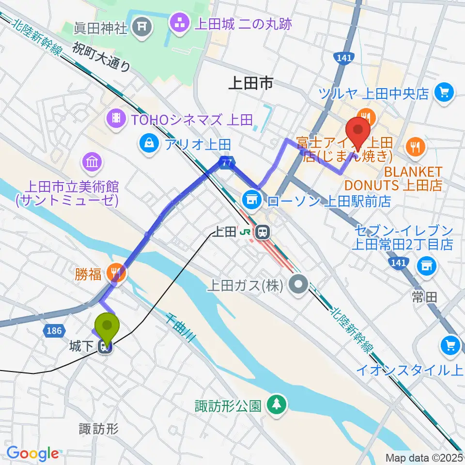 城下駅から上田映劇へのルートマップ地図