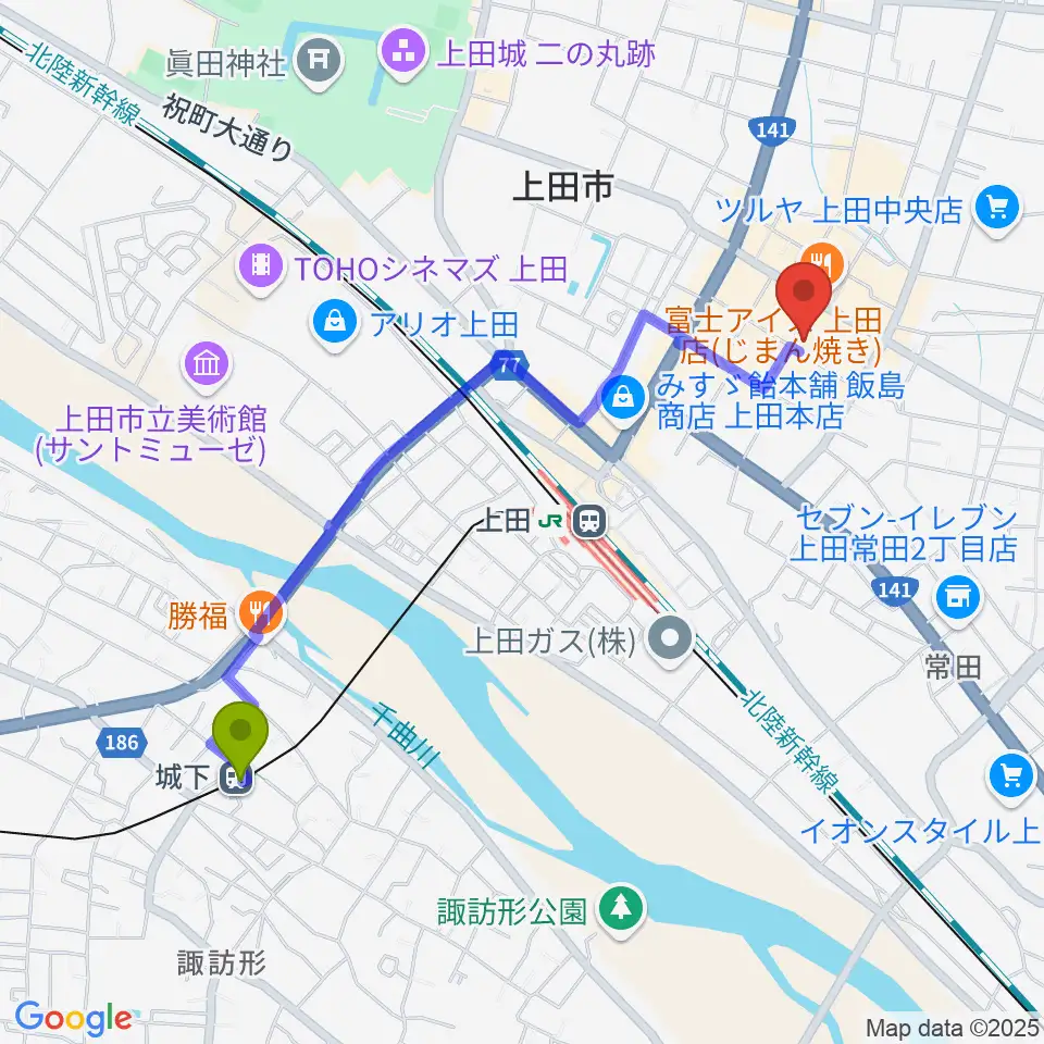 城下駅から上田映劇へのルートマップ地図