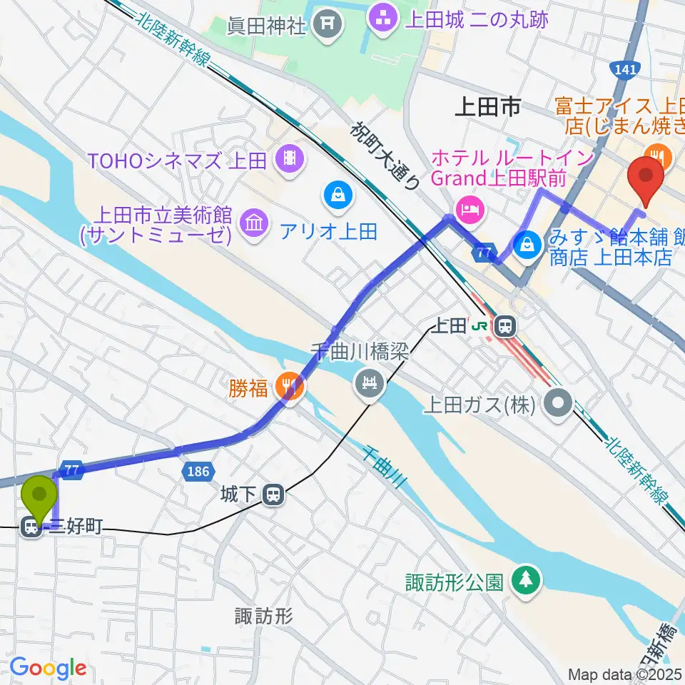 三好町駅から上田映劇へのルートマップ地図