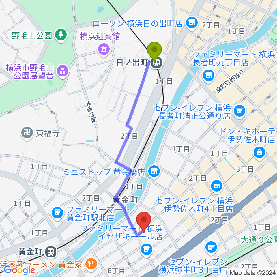 日ノ出町駅から横浜シネマ・ジャック＆ベティへのルートマップ地図