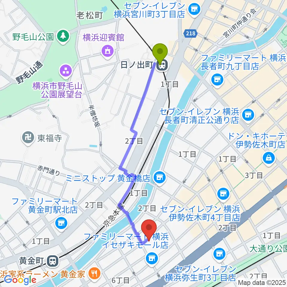 日ノ出町駅から横浜シネマ・ジャック＆ベティへのルートマップ地図