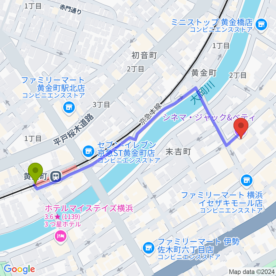 黄金町駅から横浜シネマ・ジャック＆ベティへのルートマップ地図