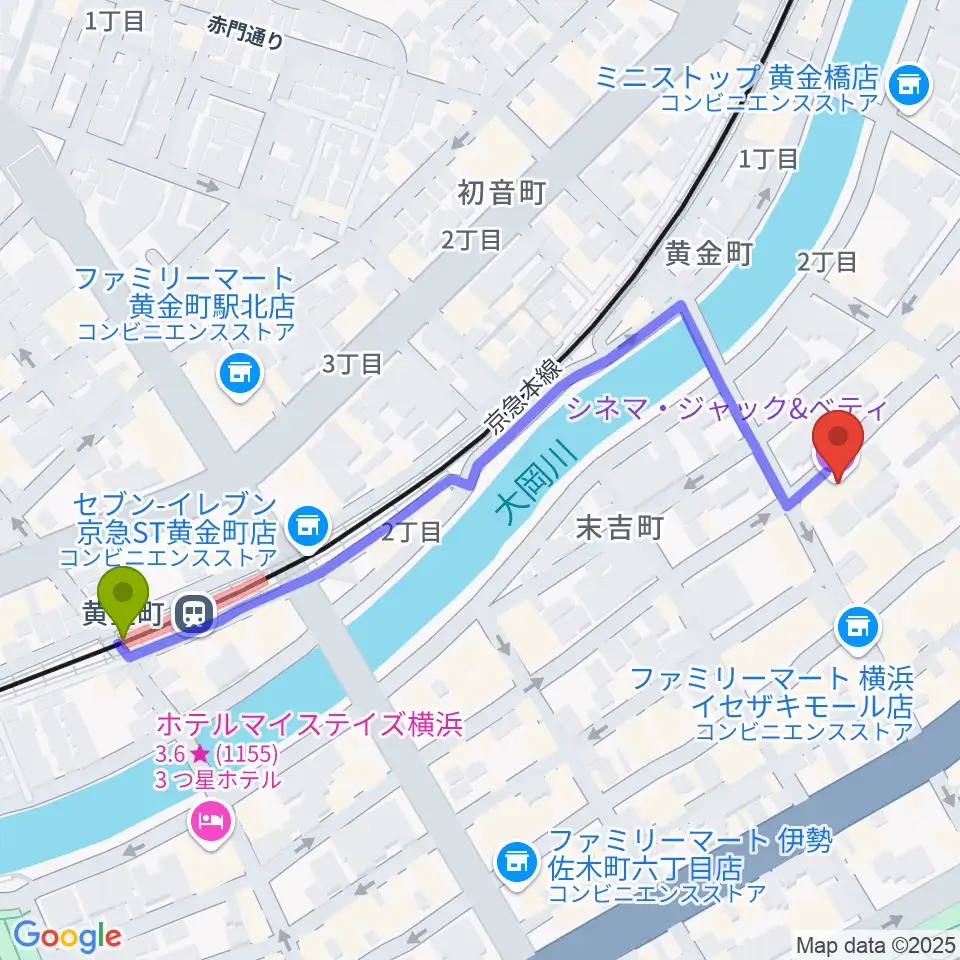 黄金町駅から横浜シネマ・ジャック＆ベティへのルートマップ地図