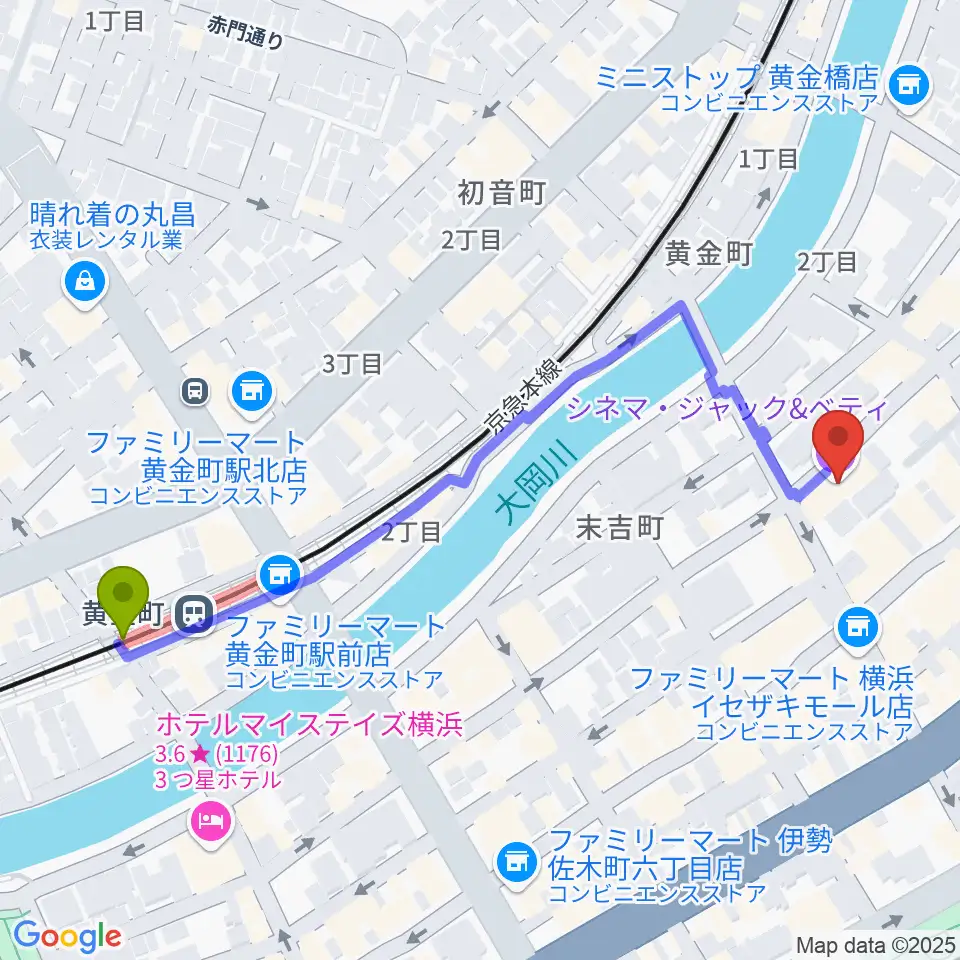 黄金町駅から横浜シネマ・ジャック＆ベティへのルートマップ地図
