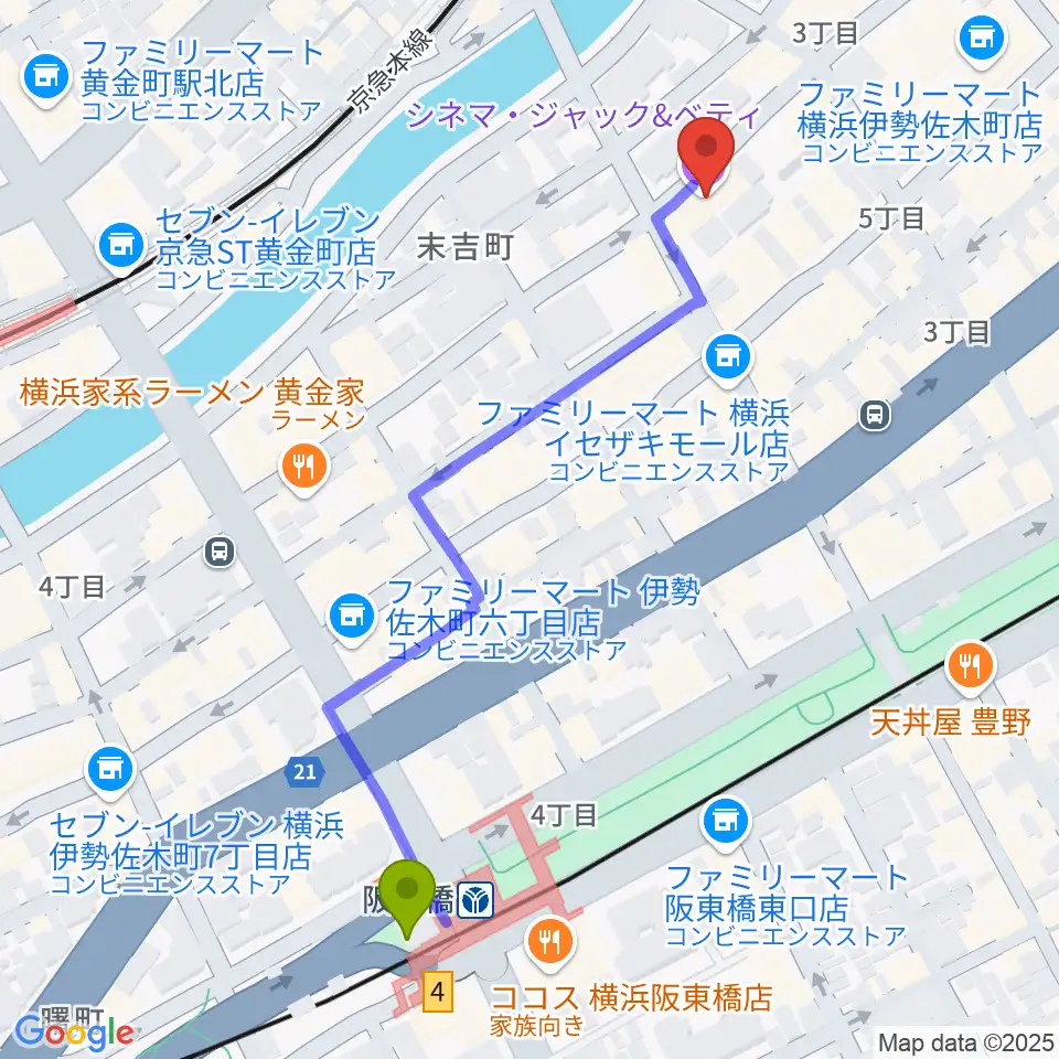 横浜シネマ・ジャック＆ベティの最寄駅阪東橋駅からの徒歩ルート（約6分）地図