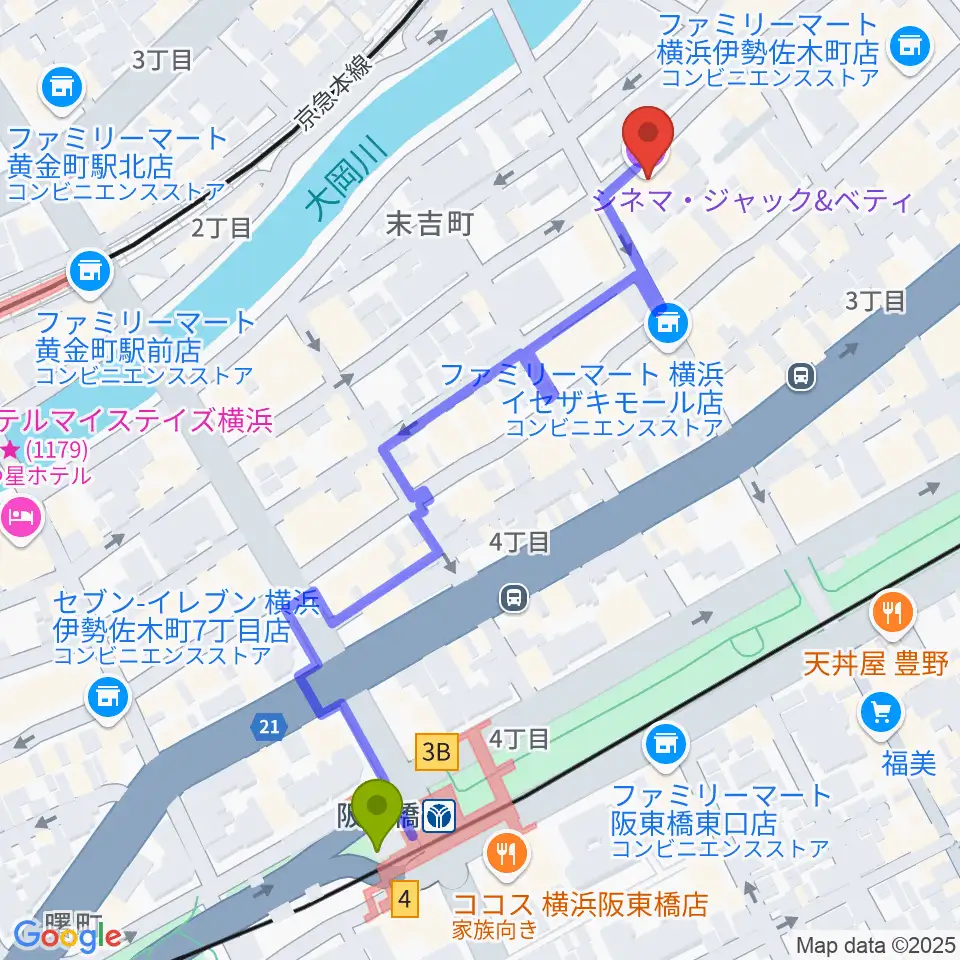横浜シネマ・ジャック＆ベティの最寄駅阪東橋駅からの徒歩ルート（約6分）地図