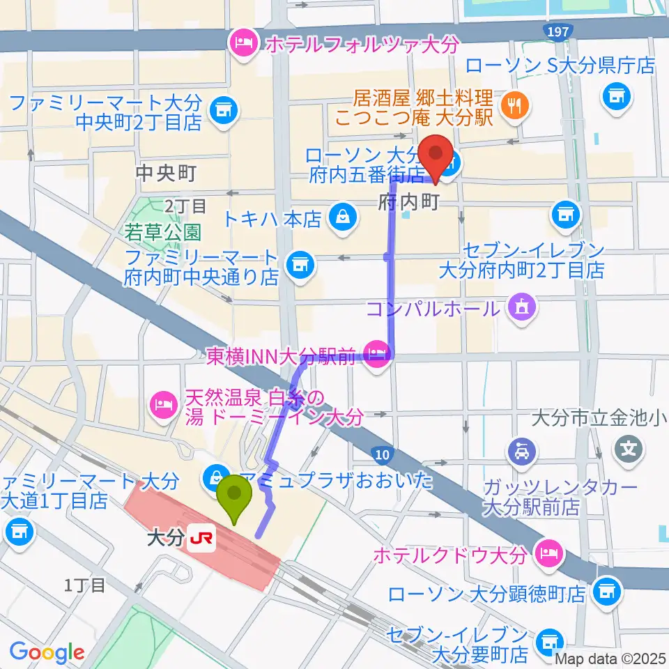 大分シネマ5の最寄駅大分駅からの徒歩ルート（約9分）地図