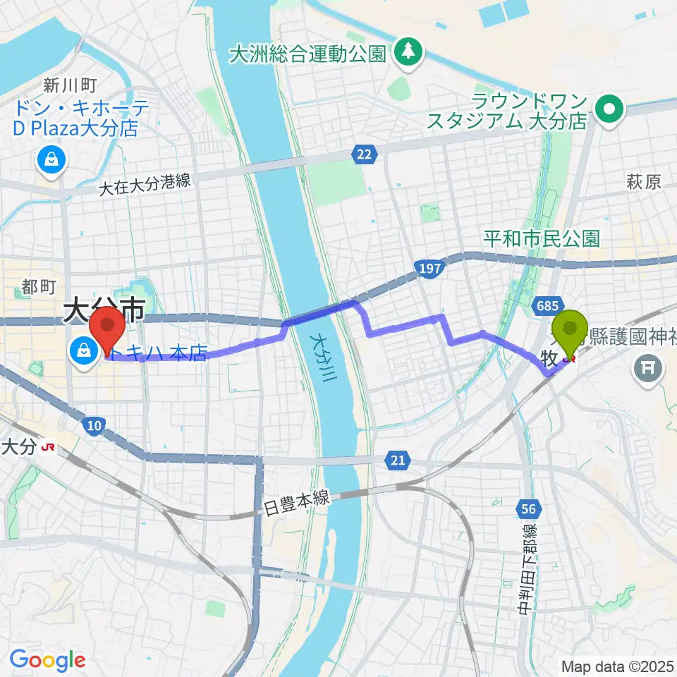 牧駅から大分シネマ5へのルートマップ地図