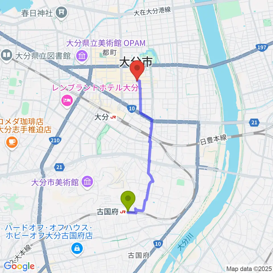 古国府駅から大分シネマ5へのルートマップ地図