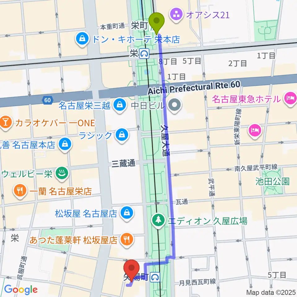 栄町駅からセンチュリーシネマへのルートマップ地図