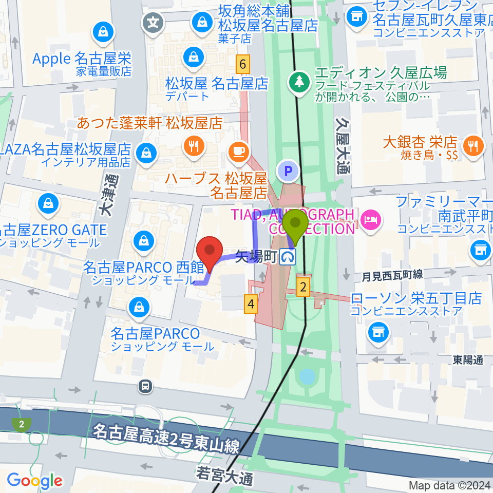 センチュリーシネマの最寄駅矢場町駅からの徒歩ルート（約1分）地図