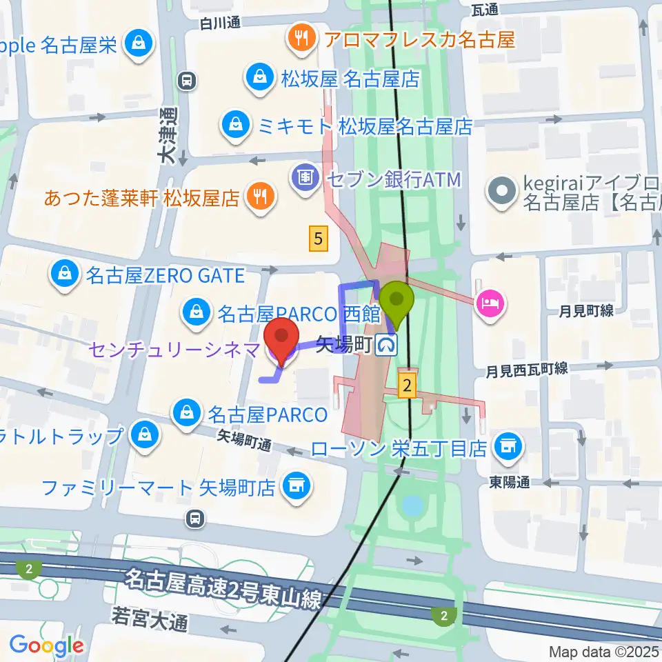 センチュリーシネマの最寄駅矢場町駅からの徒歩ルート（約1分）地図