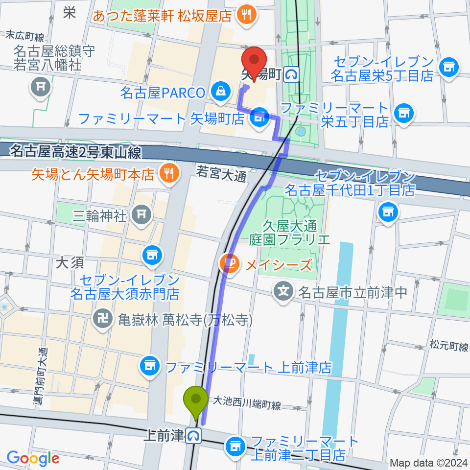 上前津駅からセンチュリーシネマへのルートマップ地図