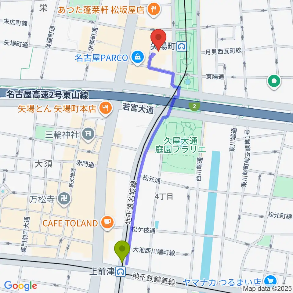 上前津駅からセンチュリーシネマへのルートマップ地図
