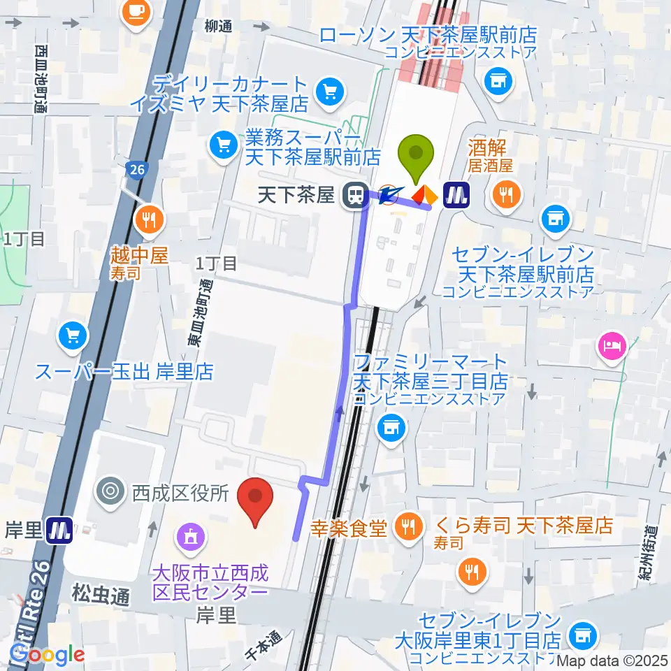 天下茶屋駅から大阪フィルハーモニー会館へのルートマップ地図