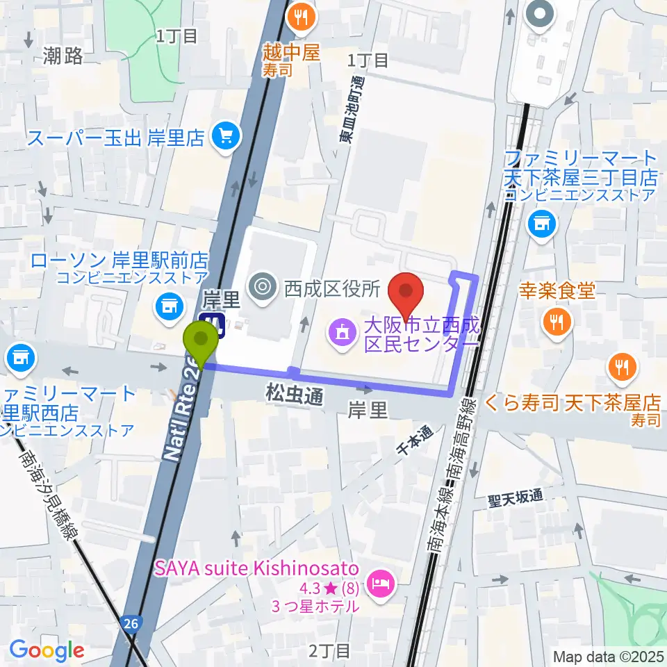 大阪フィルハーモニー会館の最寄駅岸里駅からの徒歩ルート（約2分）地図