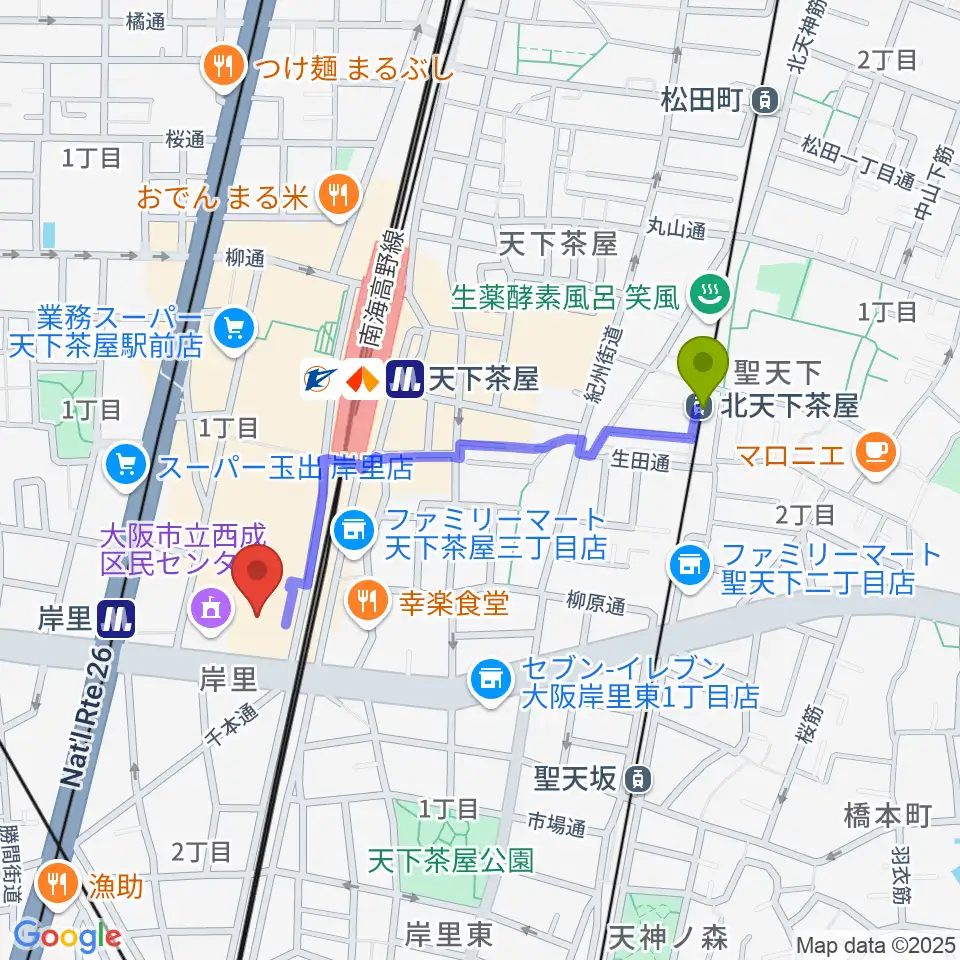北天下茶屋駅から大阪フィルハーモニー会館へのルートマップ地図
