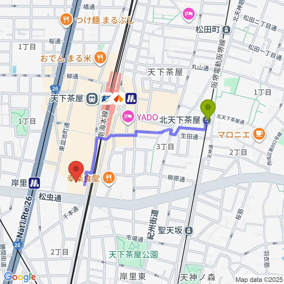 北天下茶屋駅から大阪フィルハーモニー会館へのルートマップ地図