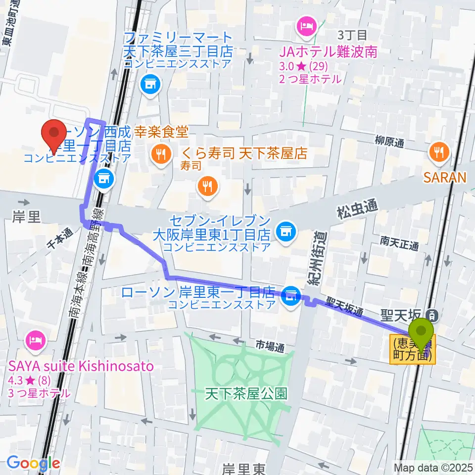 聖天坂駅から大阪フィルハーモニー会館へのルートマップ地図