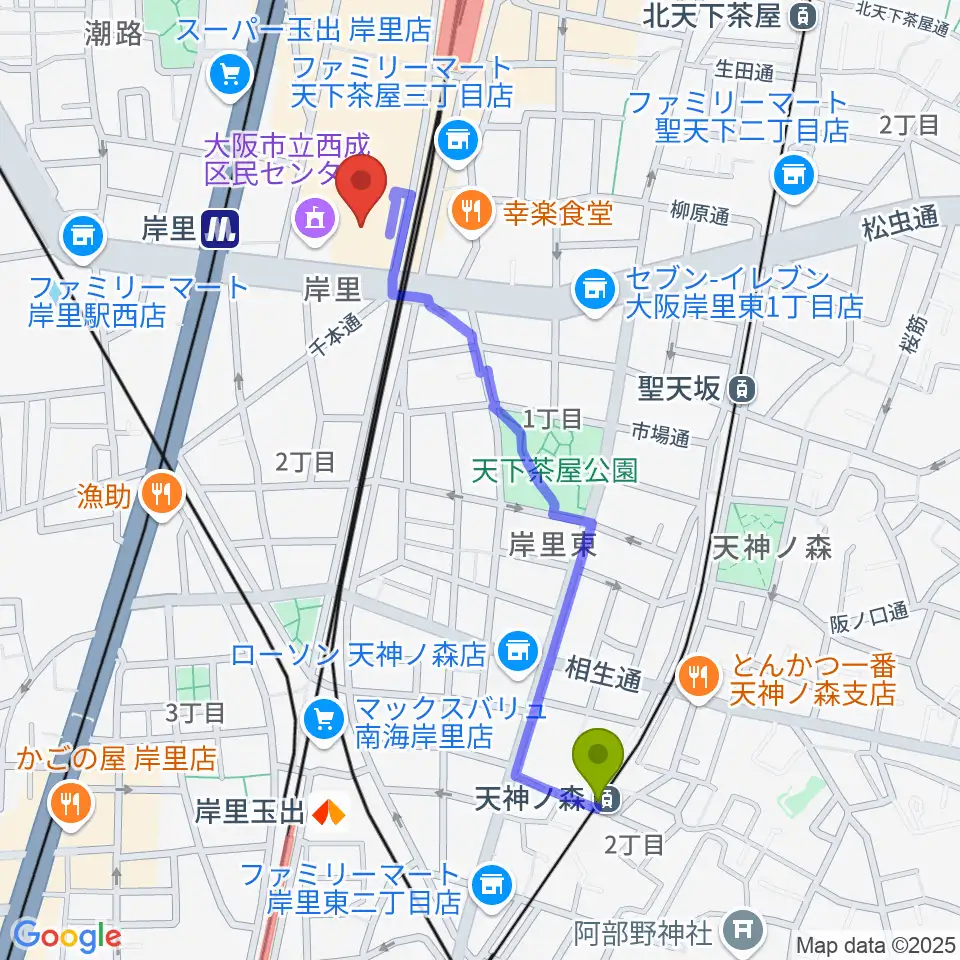 天神ノ森駅から大阪フィルハーモニー会館へのルートマップ地図
