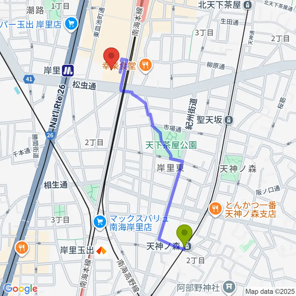 天神ノ森駅から大阪フィルハーモニー会館へのルートマップ地図