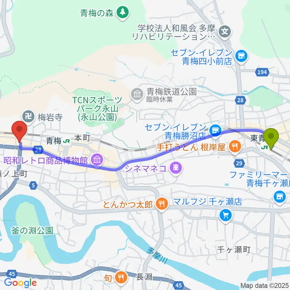 東青梅駅からS&Dたまぐーセンターへのルートマップ地図