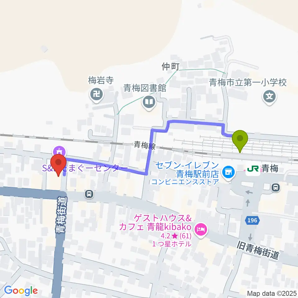 S&Dたまぐーセンターの最寄駅青梅駅からの徒歩ルート（約5分）地図