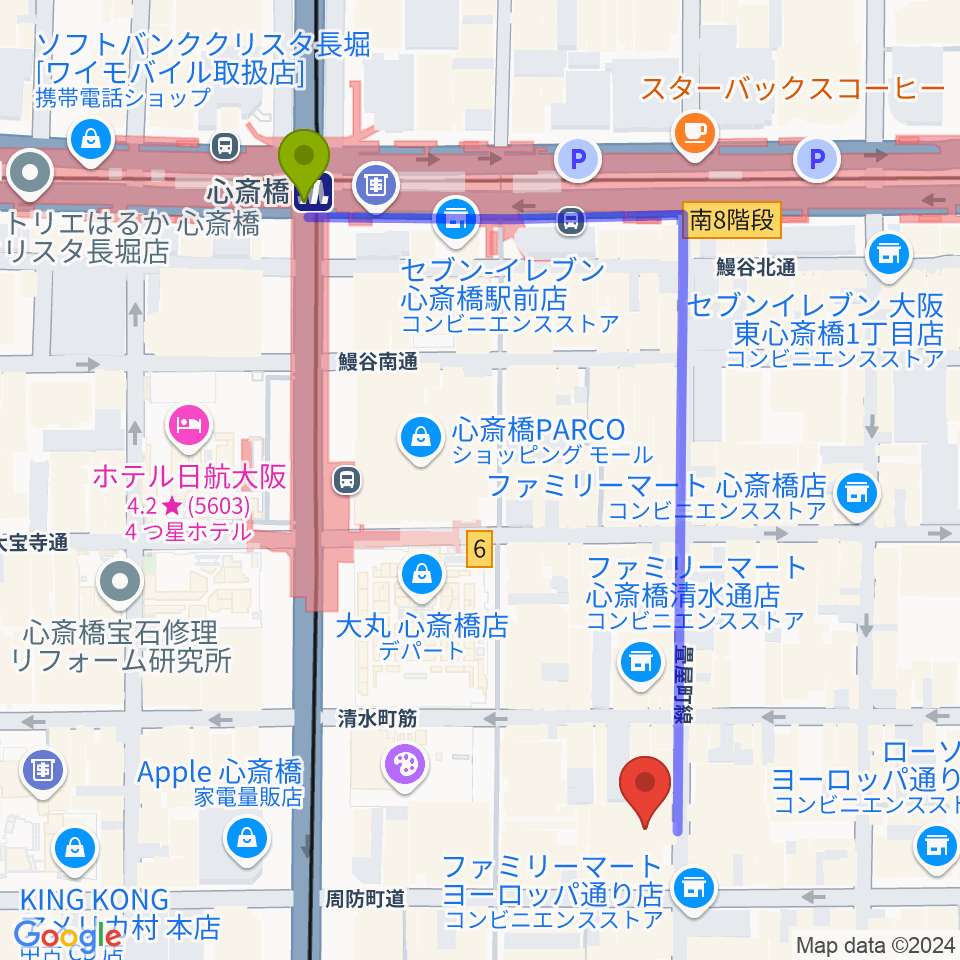 大阪心斎橋MUSE BOXの最寄駅心斎橋駅からの徒歩ルート（約6分）地図