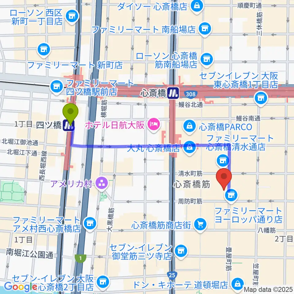 四ツ橋駅から大阪心斎橋muse Boxへのルートマップ Mdata 四ツ橋駅から大阪心斎橋muse Boxへのルートマップ Mdata
