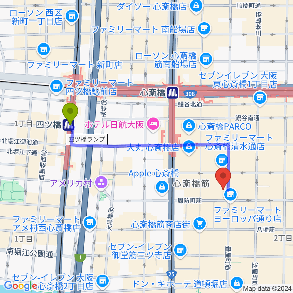 四ツ橋駅から大阪心斎橋MUSE BOXへのルートマップ地図