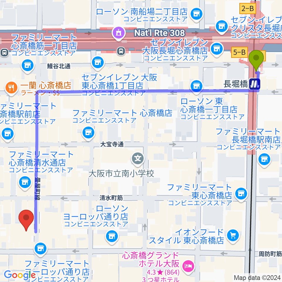 長堀橋駅から大阪心斎橋MUSE BOXへのルートマップ地図