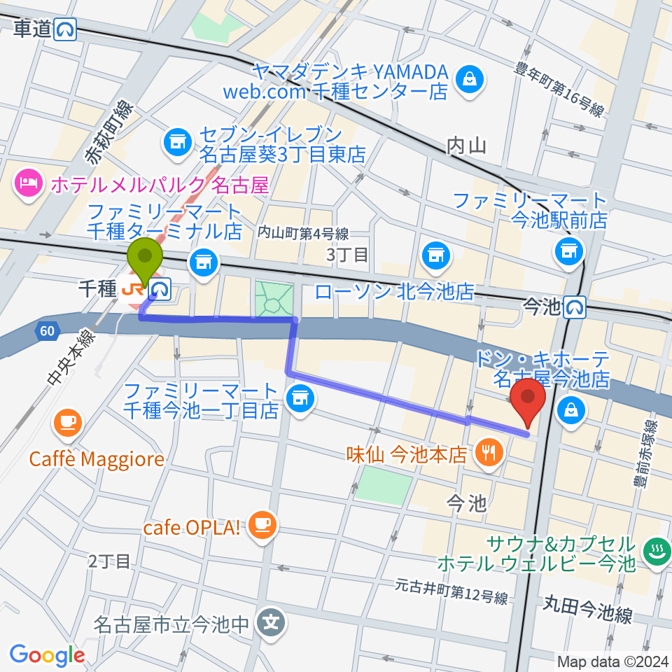 千種駅から今池open houseへのルートマップ地図