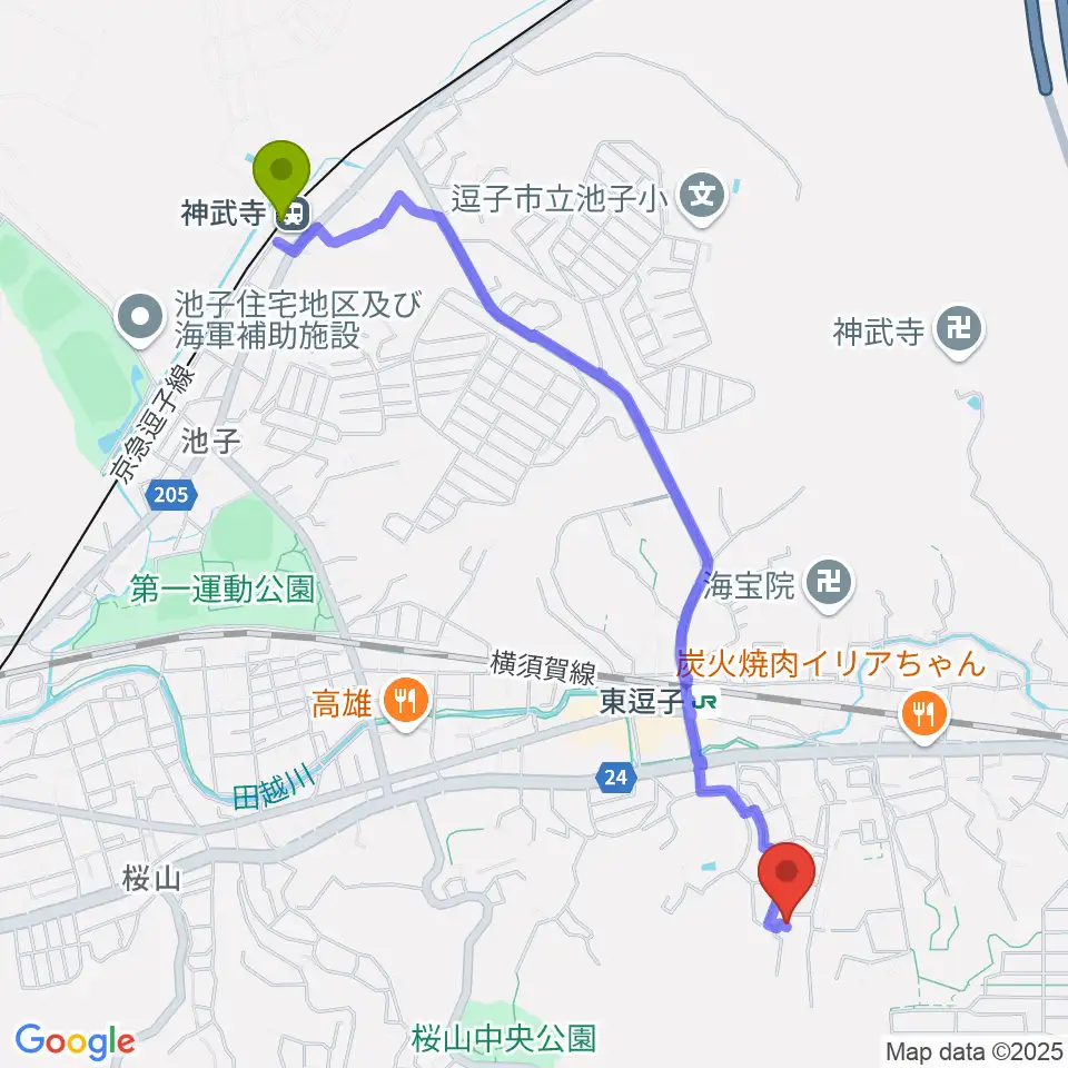 神武寺駅からY's Music Factoryへのルートマップ地図