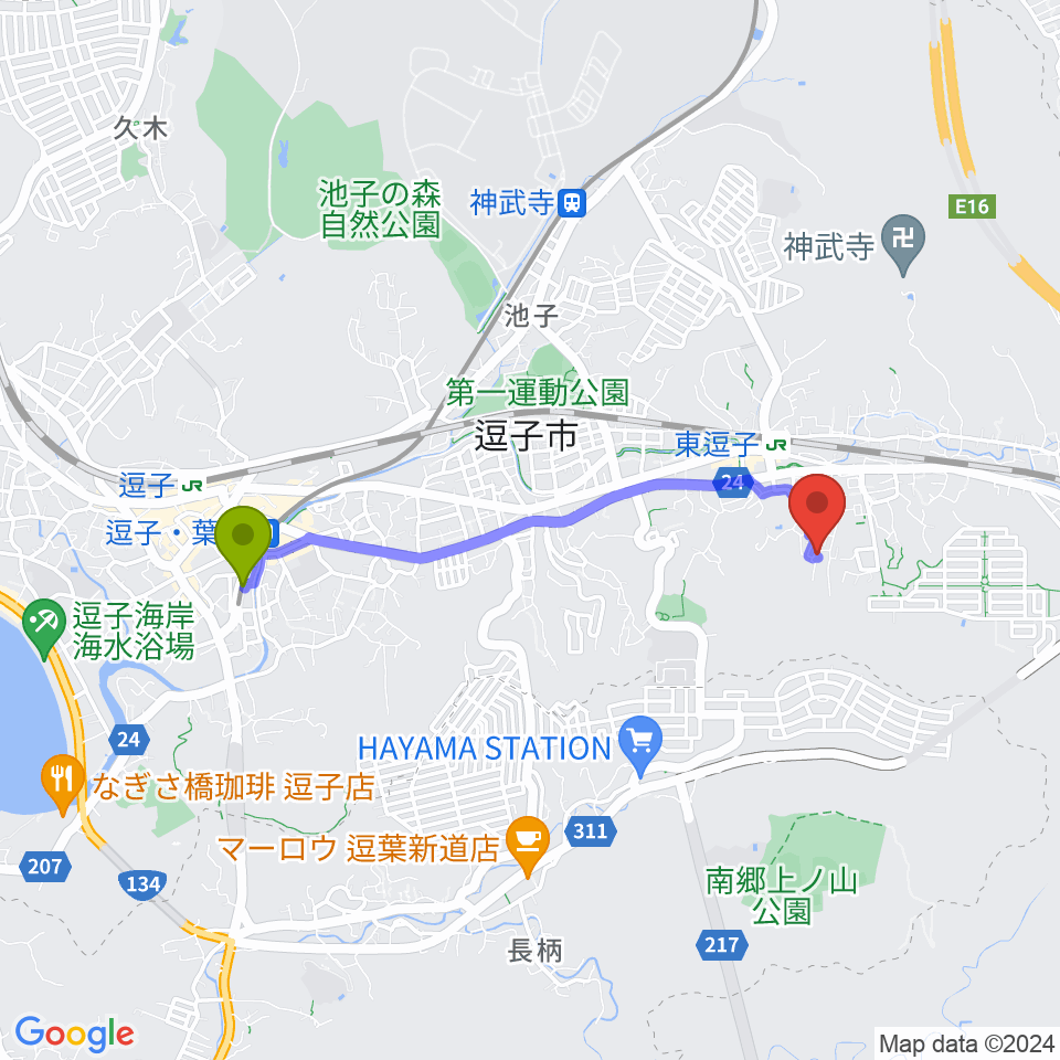 逗子・葉山駅からY's Music Factoryへのルートマップ地図