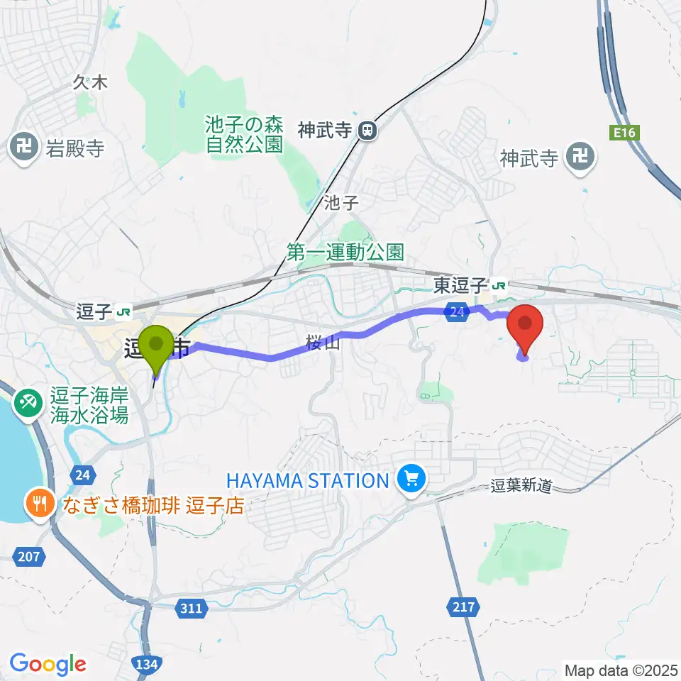 逗子・葉山駅からY's Music Factoryへのルートマップ地図
